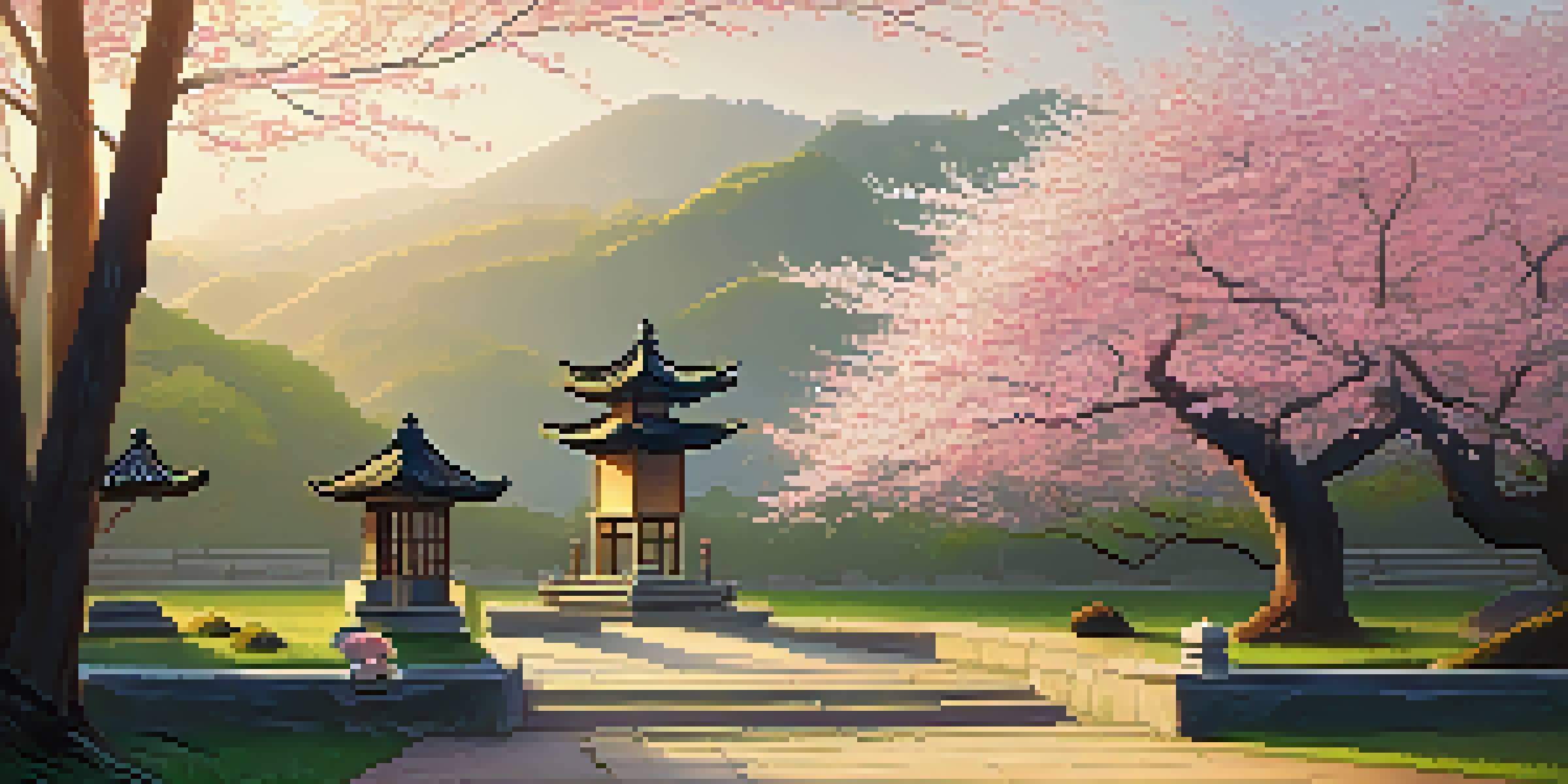 A peaceful Zen garden at sunrise, featuring raked gravel, stones, and cherry blossom trees in bloom.