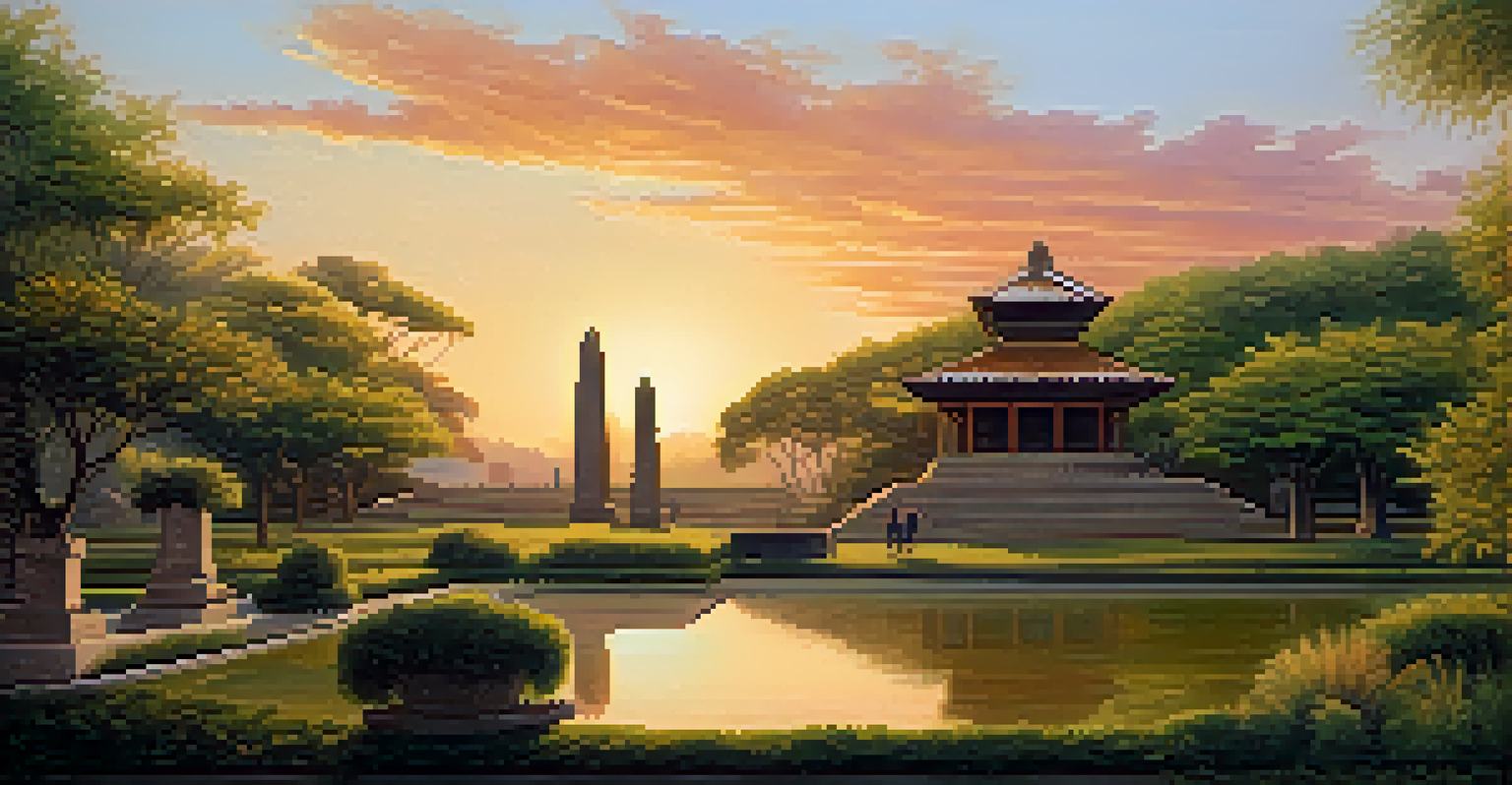A tranquil landscape with a historic cultural site surrounded by greenery, illuminated by the warm glow of sunset.