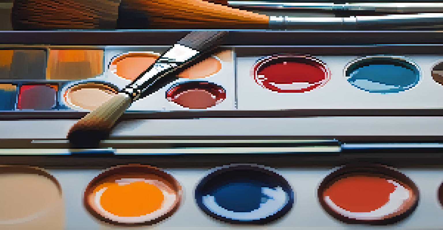 A close-up of a mixing palette with blended paint colors and brush strokes, highlighting the mixing process.