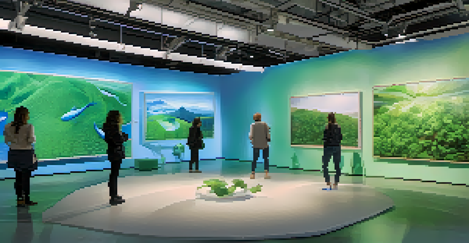 A digital exhibition space with interactive art installations focused on climate change, featuring screens with environmental imagery and engaged viewers.