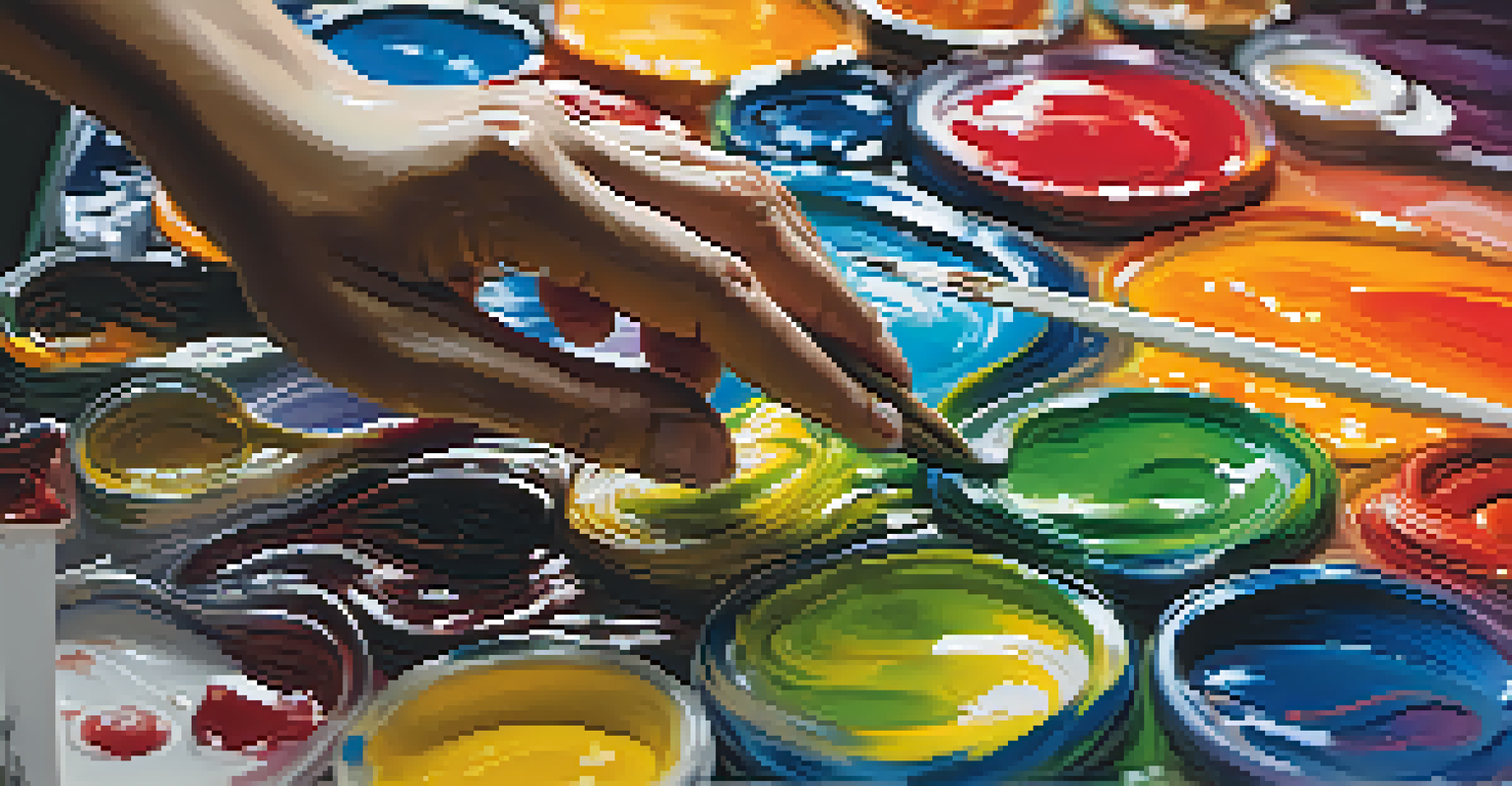 An artist mixing acrylic paints on a glass palette with a palette knife, showcasing vibrant colors blending together in an abstract background.