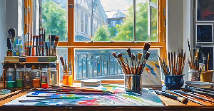 An artist's workspace with modern painting tools and a colorful abstract painting on an easel.
