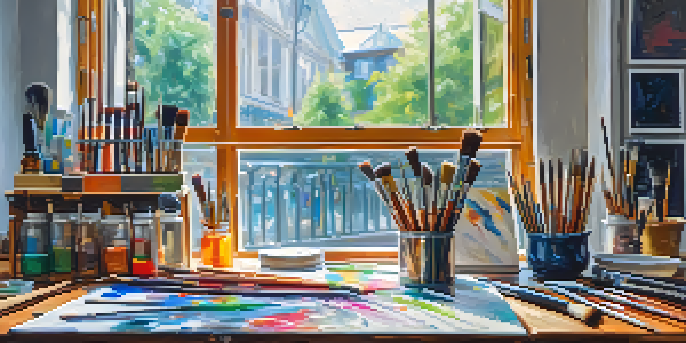 An artist's workspace with modern painting tools and a colorful abstract painting on an easel.