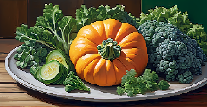 A colorful dish made with seasonal ingredients like squash and kale, beautifully arranged on a rustic table.