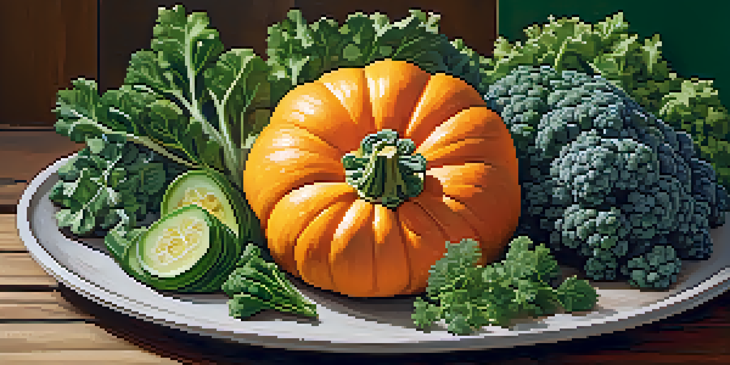 A colorful dish made with seasonal ingredients like squash and kale, beautifully arranged on a rustic table.