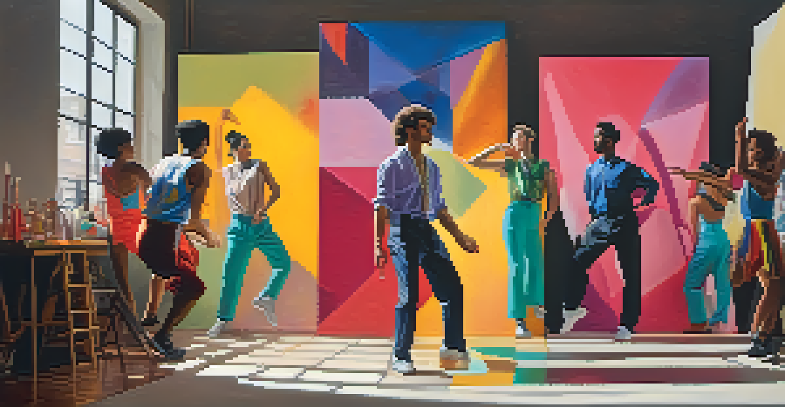A split scene of a choreographer with dancers and a painter with a canvas, highlighting the intersection of dance and painting.