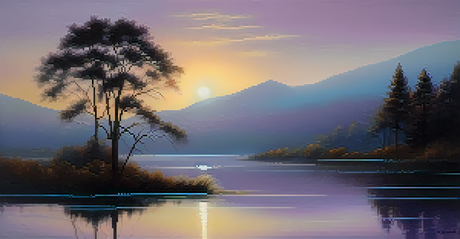 A tranquil landscape painting of a dusk scene with soft blue and purple gradients in the sky, golden light over a calm lake, and silhouettes of trees.