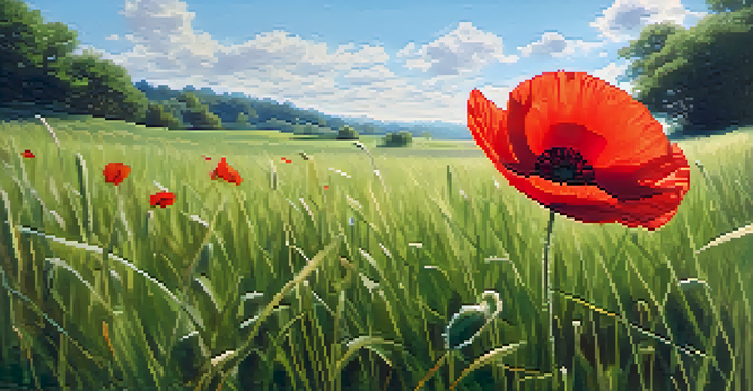 A peaceful meadow with a bright blue sky and a single red poppy flower in the foreground.