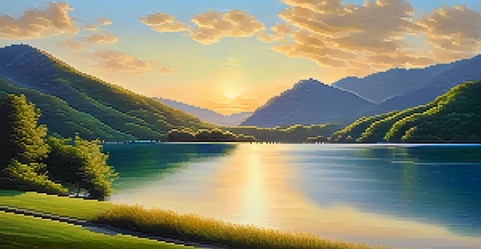 A peaceful scene of a lake bordered by green mountains at sunset, with the sun's reflection on the water.