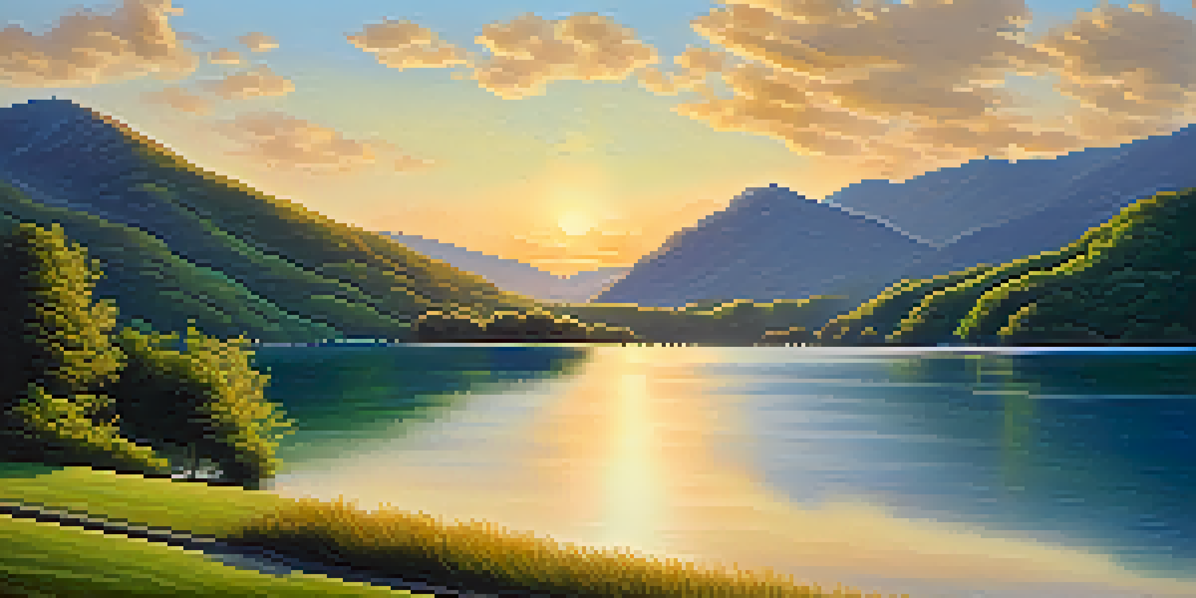 A peaceful scene of a lake bordered by green mountains at sunset, with the sun's reflection on the water.
