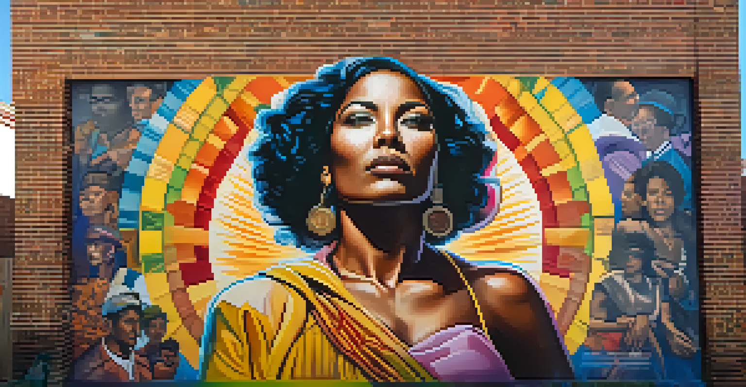 A mural of a historical figure of color surrounded by symbols of empowerment, painted on a brick wall with vibrant colors and shadows for depth.