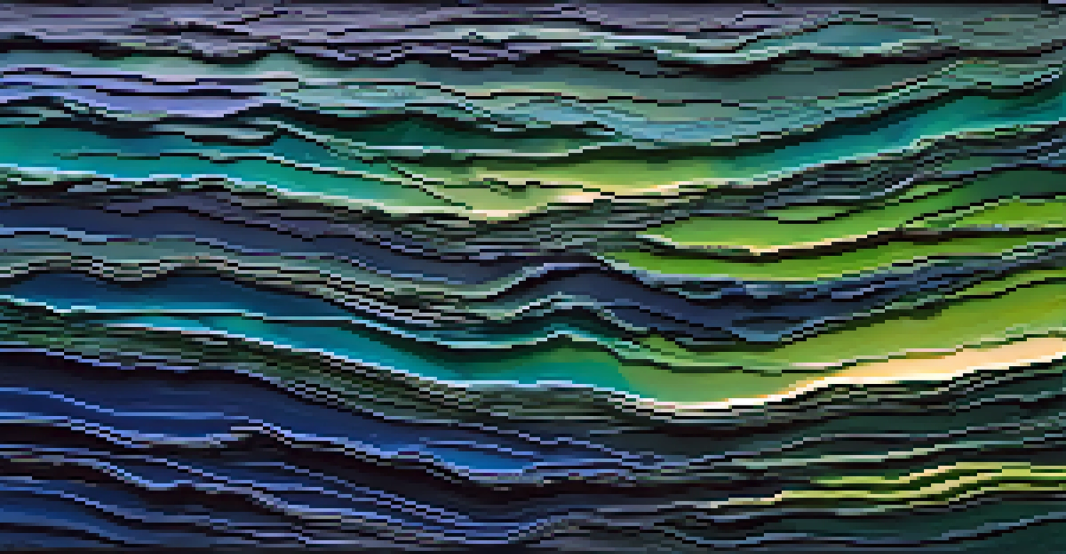 An abstract painting with layered textures, featuring deep blue and green colors with lighter, opaque layers applied thickly.
