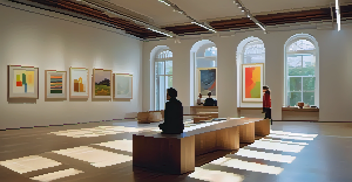 A bright and inviting modern art gallery with colorful artworks on the walls and visitors engaged with the pieces.