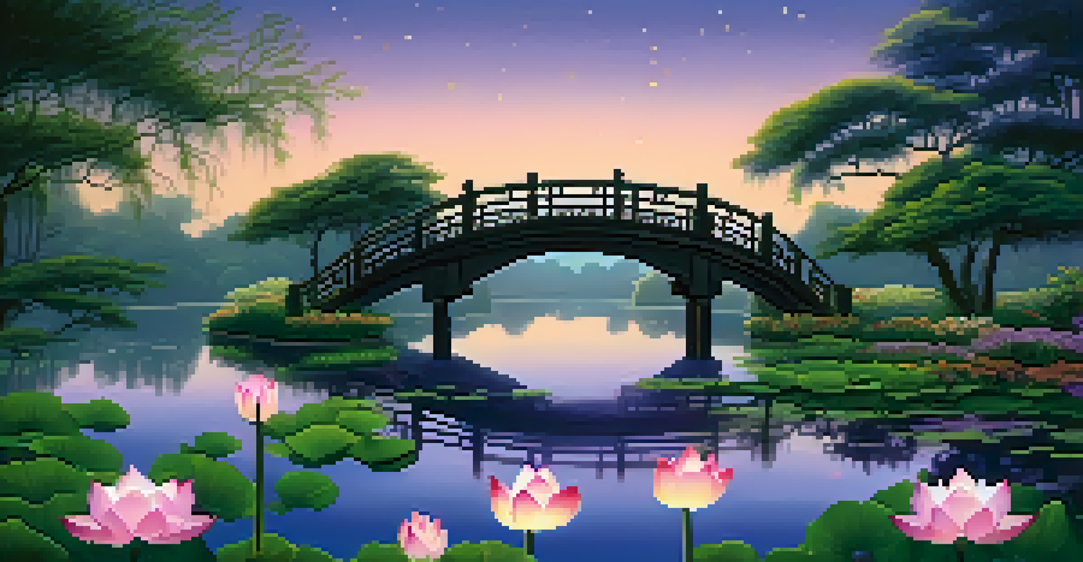 A serene Chinese garden at twilight, featuring a wooden bridge and blooming lotus flowers under a starry sky.