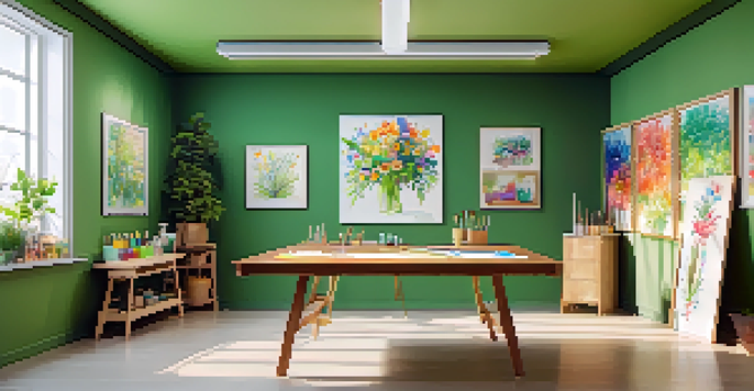 A bright art therapy studio with a wooden table full of paints and brushes, a colorful mural on the wall, and green plants.