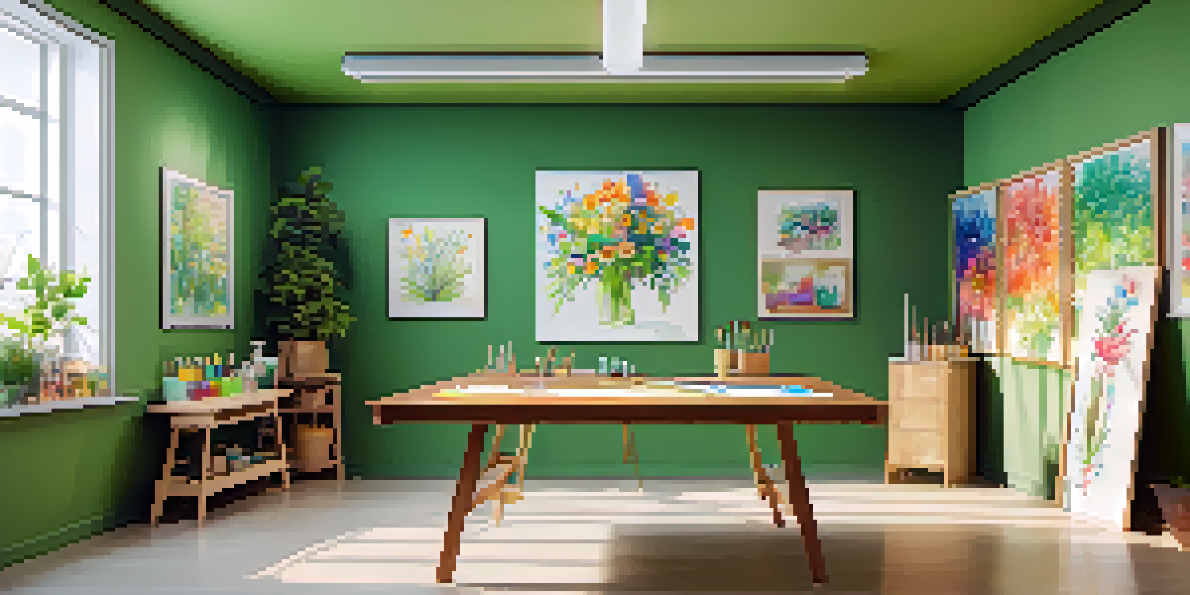 A bright art therapy studio with a wooden table full of paints and brushes, a colorful mural on the wall, and green plants.