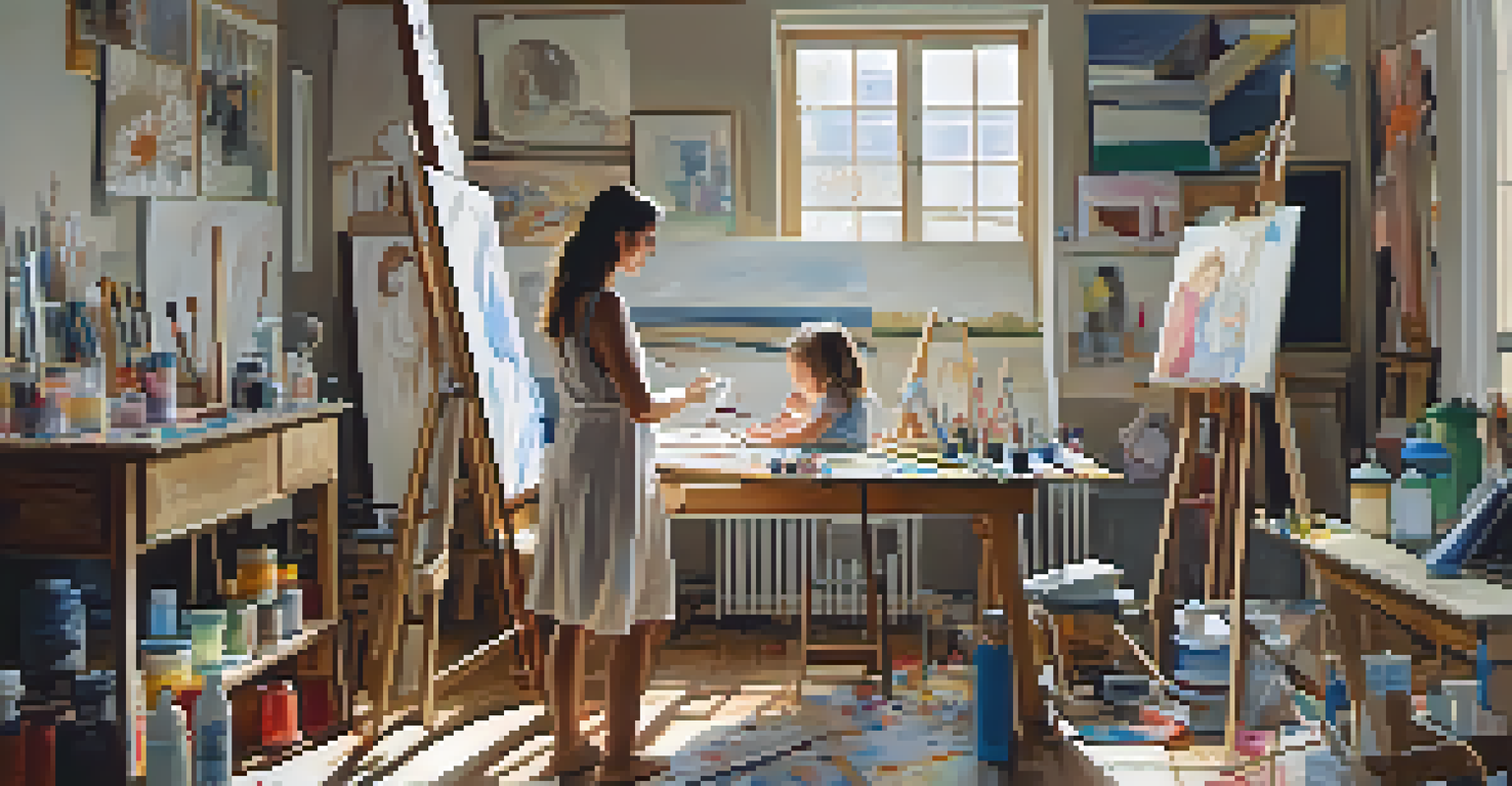 An artist's studio with a large canvas of a mother and child, surrounded by art supplies and sketches, illuminated by natural light.