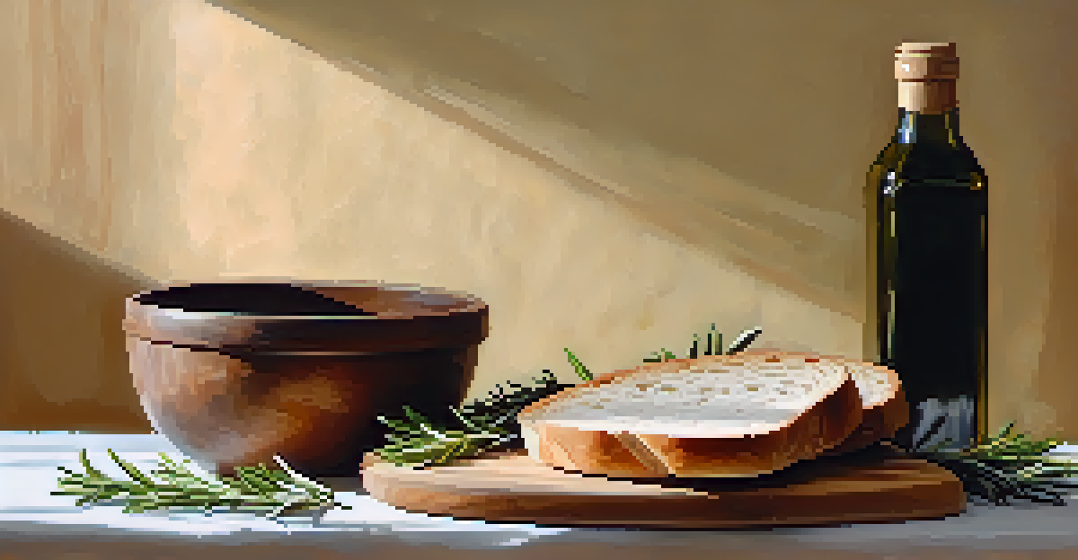 A wooden cutting board with sliced bread, olive oil, and rosemary, illuminated by soft warm light.