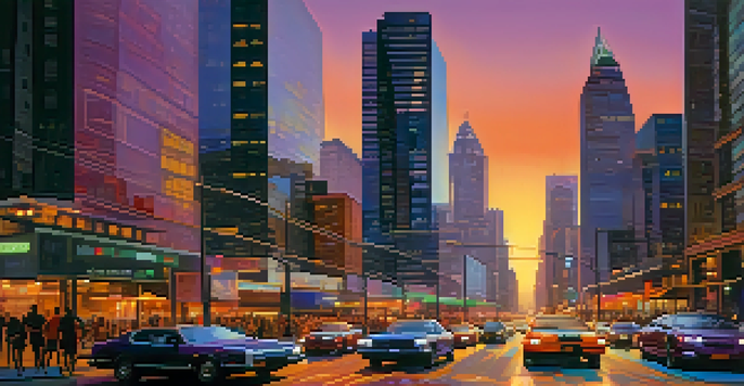 A colorful sunset cityscape depicting movement with abstract representations of people and vehicles, highlighting modern skyscrapers and vibrant street lights.