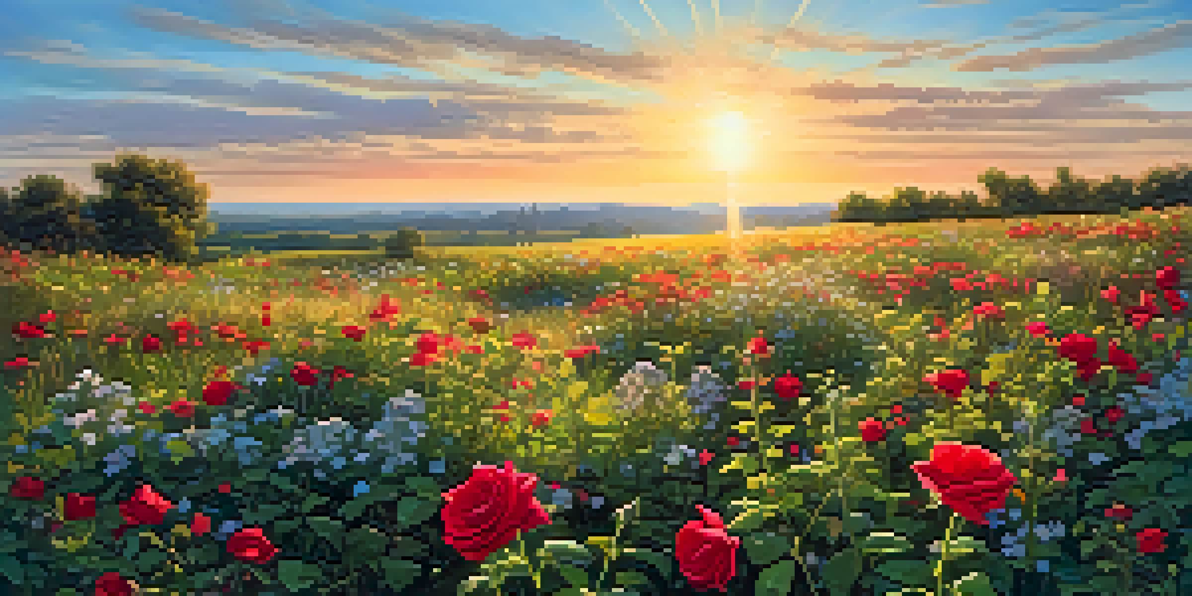 A tranquil field filled with colorful wildflowers and a single red rose in the foreground, under a bright blue sky during sunset.