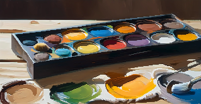 An artist's palette with colorful paints arranged by temperature, set on a wooden table with brushes nearby, illuminated by soft natural light.