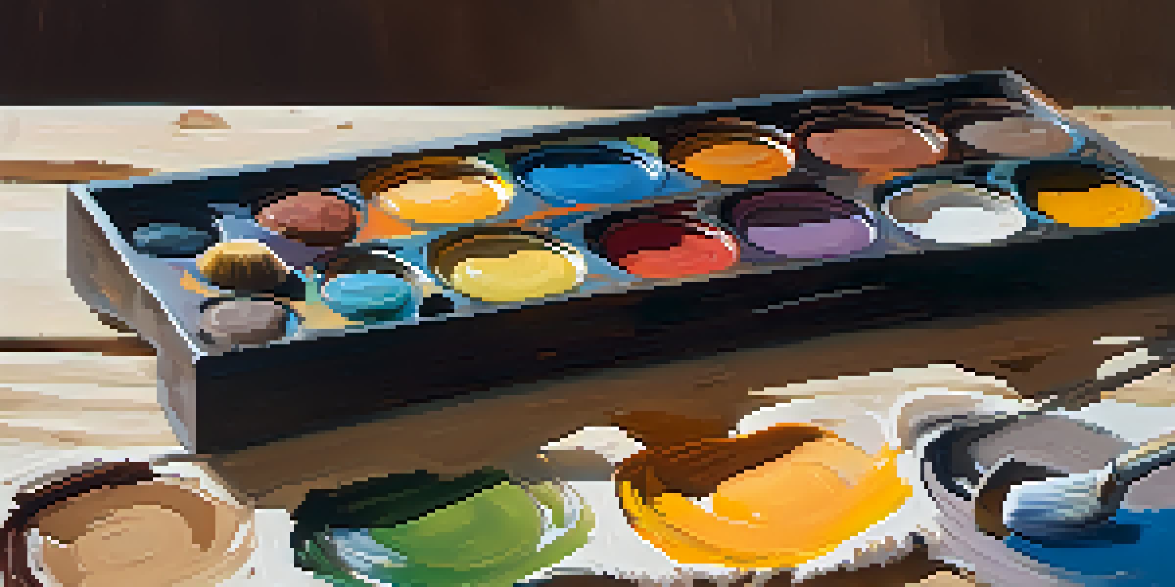 An artist's palette with colorful paints arranged by temperature, set on a wooden table with brushes nearby, illuminated by soft natural light.