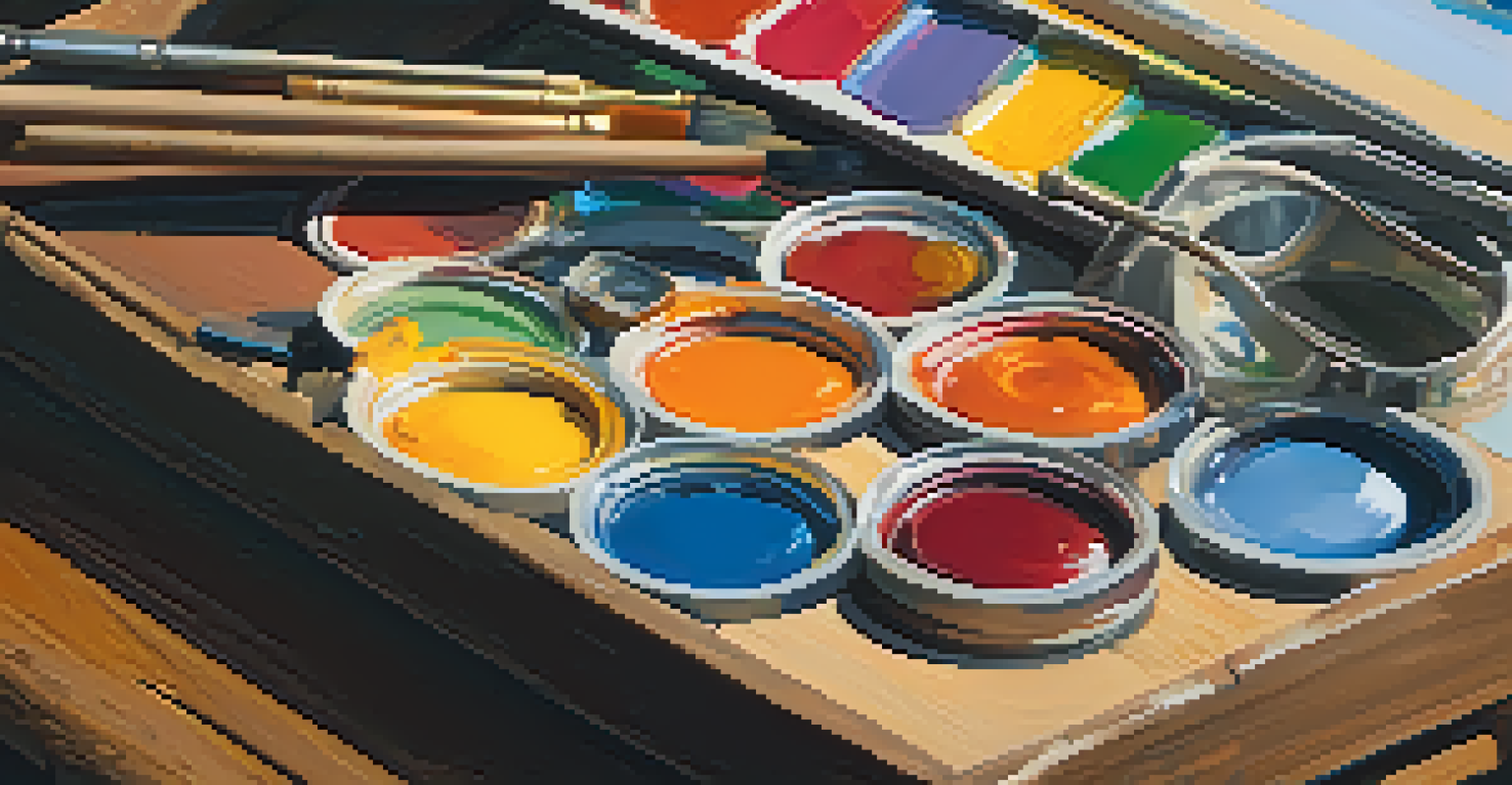 A close-up of a colorful painter's palette with paintbrushes and tubes.