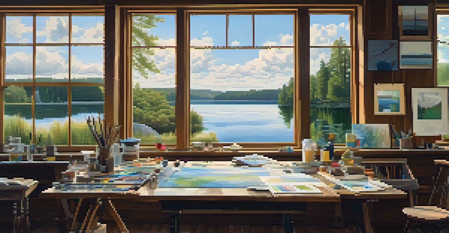 An artist's studio with a painting of a lakeside scene and natural light.