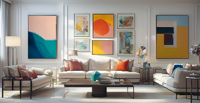 An inviting modern living room showcasing a vibrant art display with abstract paintings and sculptures, illuminated by natural light.