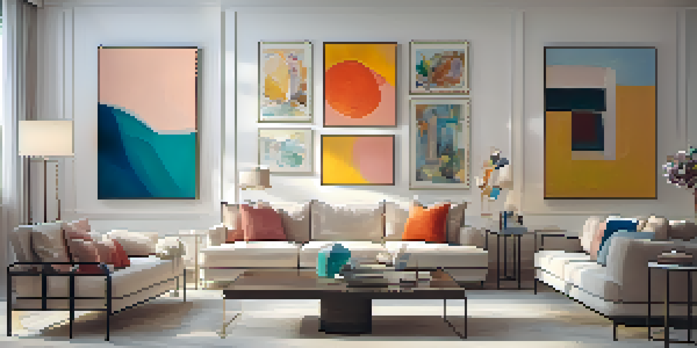 An inviting modern living room showcasing a vibrant art display with abstract paintings and sculptures, illuminated by natural light.