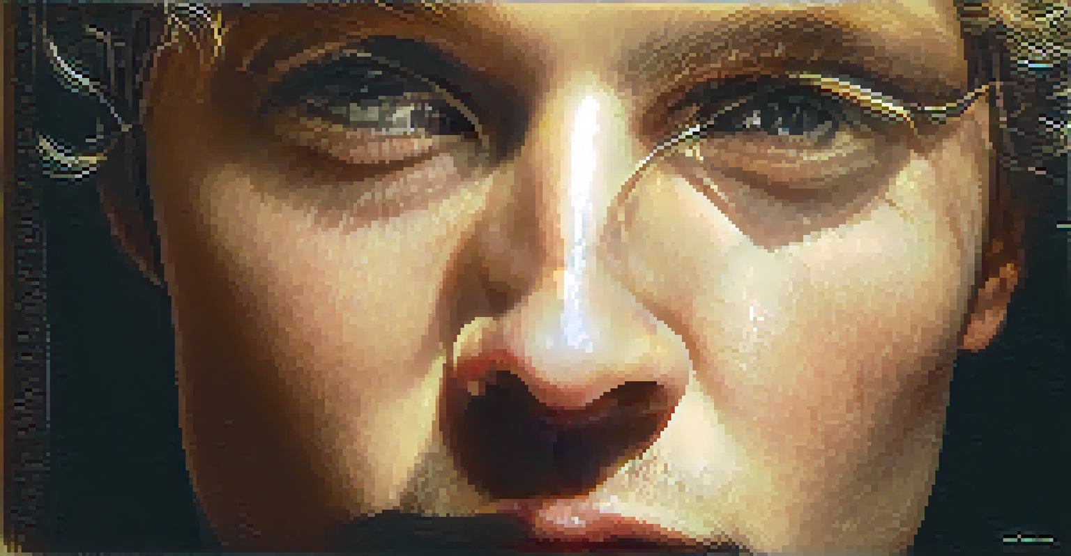 A close-up portrait with warm light illuminating one side of a subject's face, creating deep shadows on the other side, evoking emotion.
