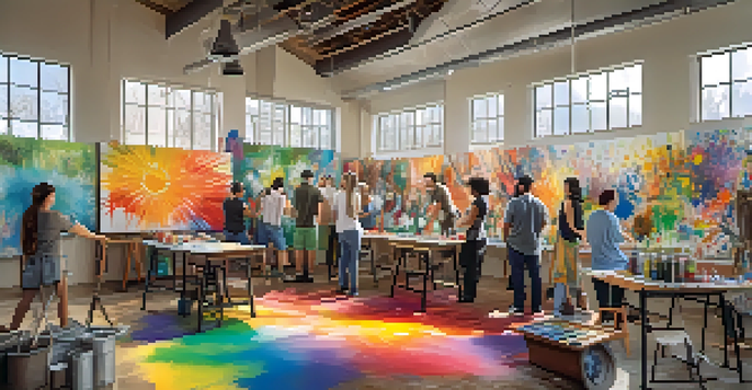 A lively art studio where diverse artists collaborate on a mural, showcasing various artistic styles and techniques.