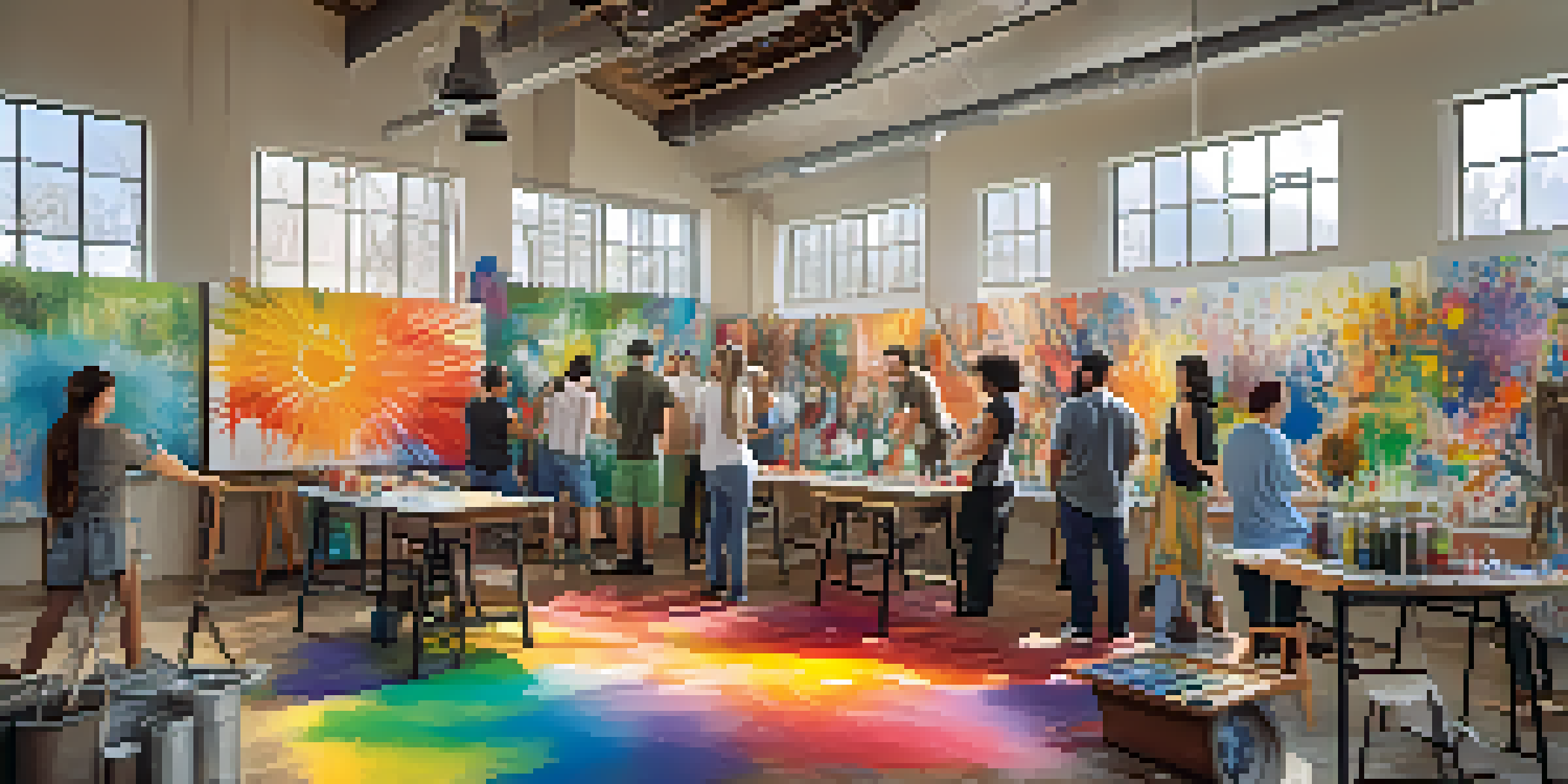 A lively art studio where diverse artists collaborate on a mural, showcasing various artistic styles and techniques.