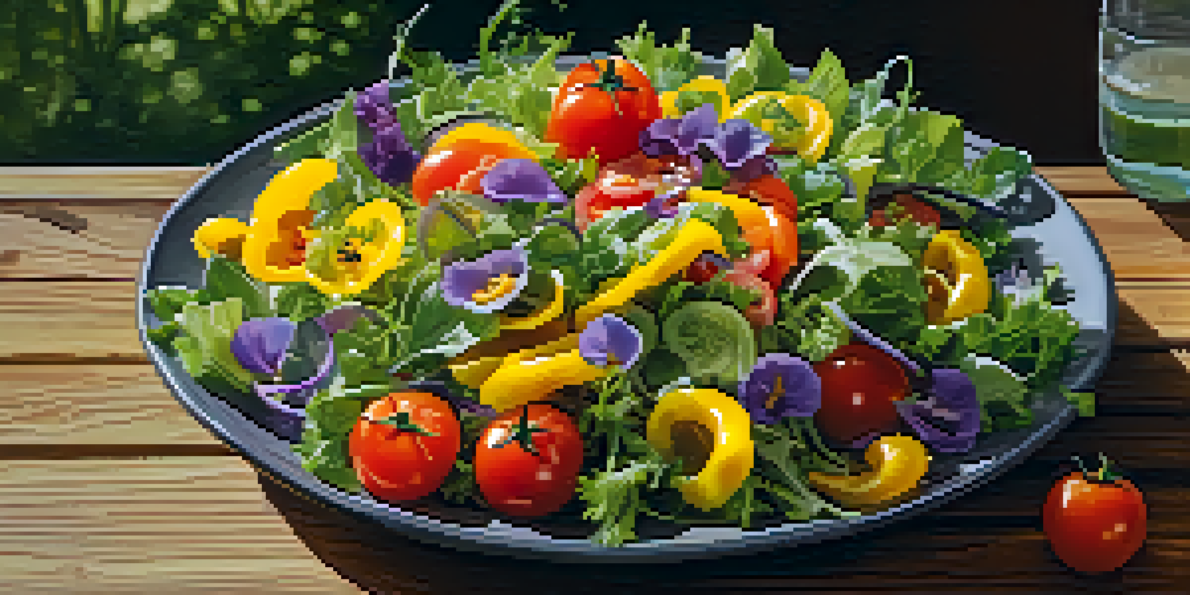 A colorful salad arranged in a spiral pattern with greens, tomatoes, and bell peppers, garnished with edible flowers, on a rustic wooden table illuminated by sunlight.