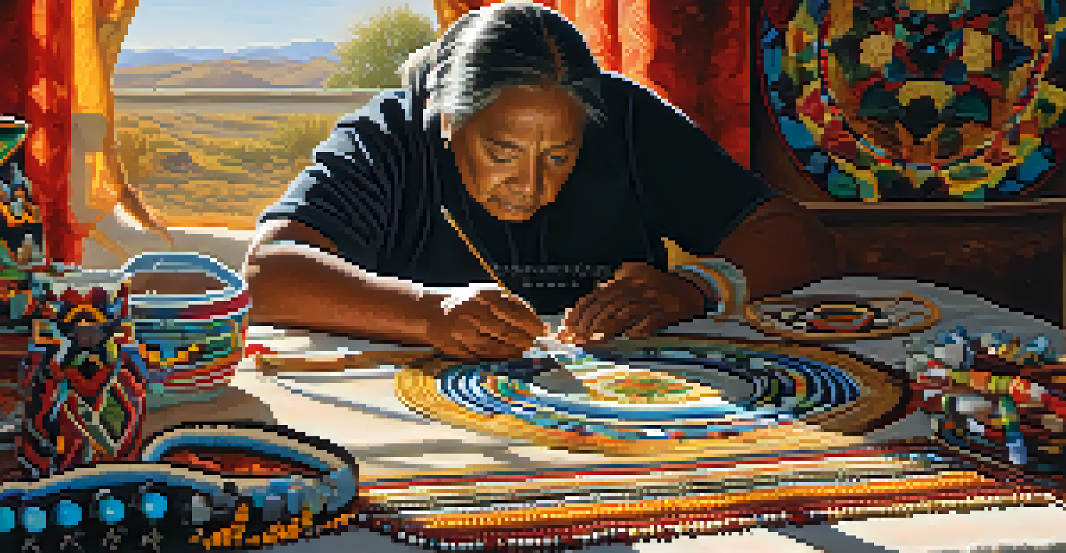 An artisan creating Native American beadwork, surrounded by colorful beads and patterns, in a warmly lit workshop.
