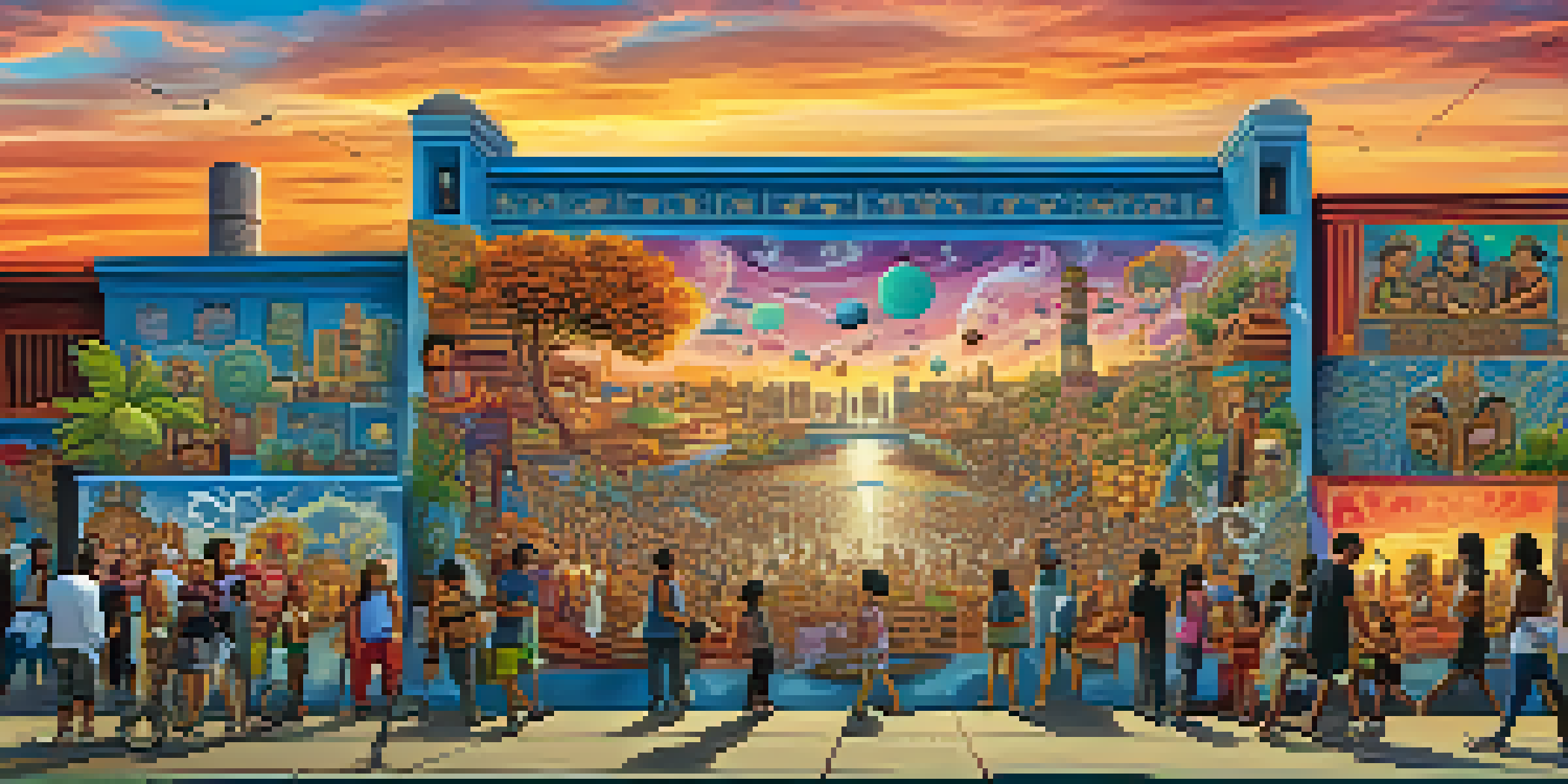 A colorful street mural that combines various cultural symbols and artistic styles, with a sunset in the background and diverse people admiring the art.