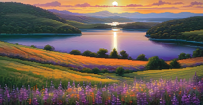 A peaceful landscape with a colorful sunset, rolling hills, and a field of wildflowers, reflecting in a calm lake.
