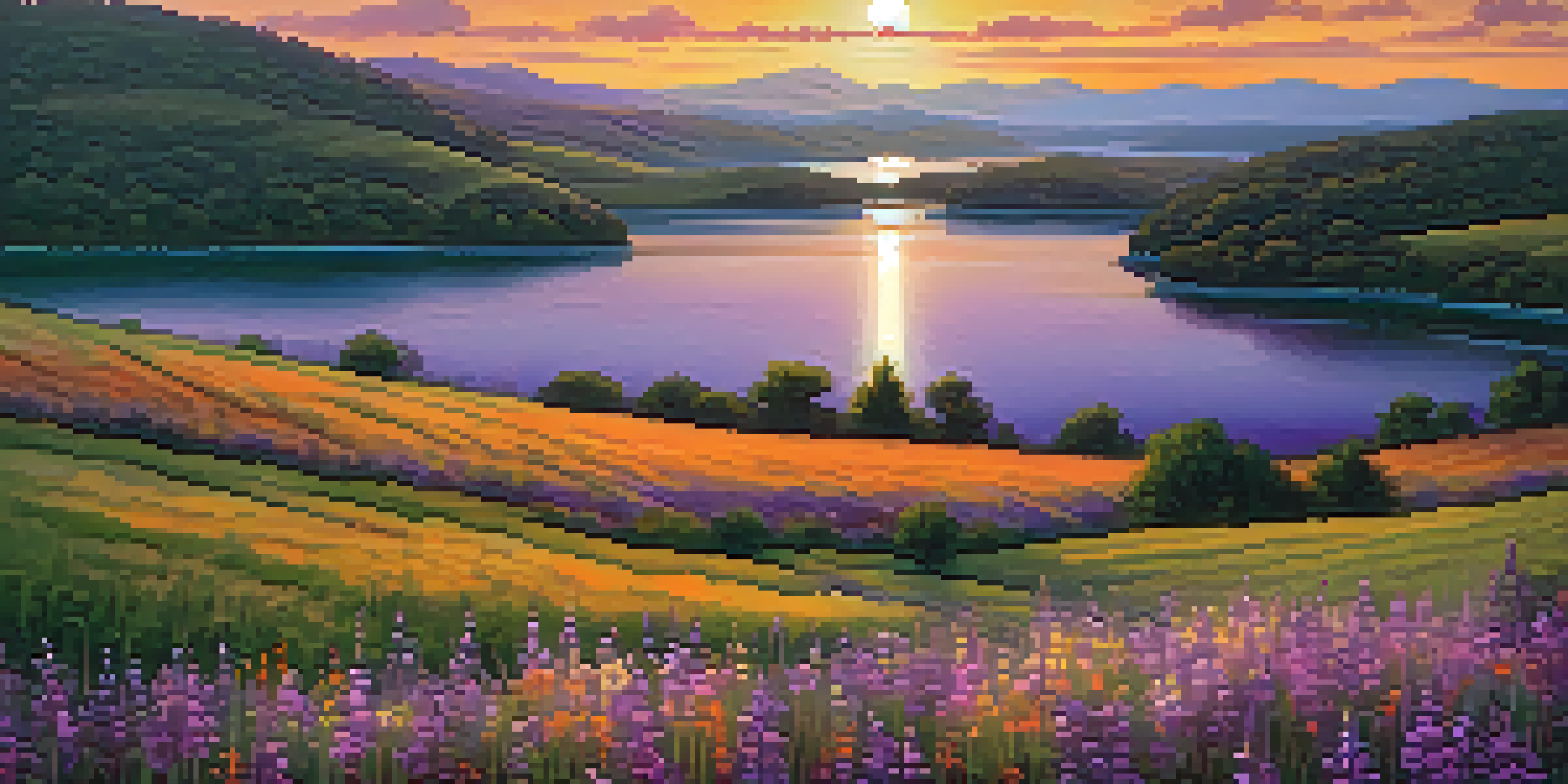 A peaceful landscape with a colorful sunset, rolling hills, and a field of wildflowers, reflecting in a calm lake.