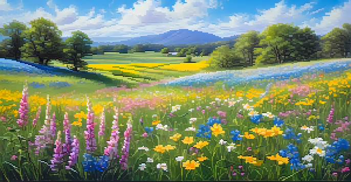 A colorful spring meadow filled with blooming wildflowers and a bright blue sky.
