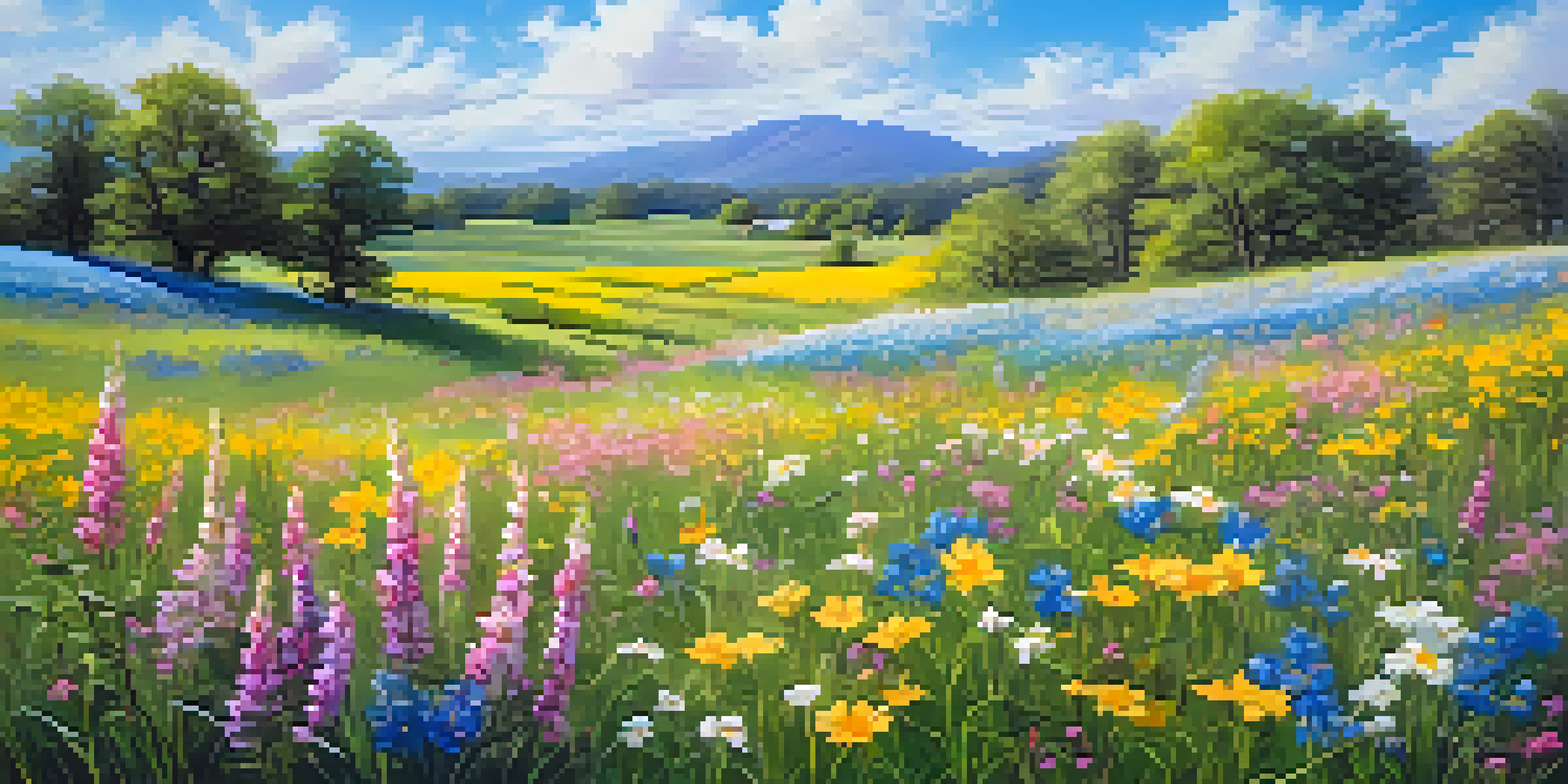 A colorful spring meadow filled with blooming wildflowers and a bright blue sky.