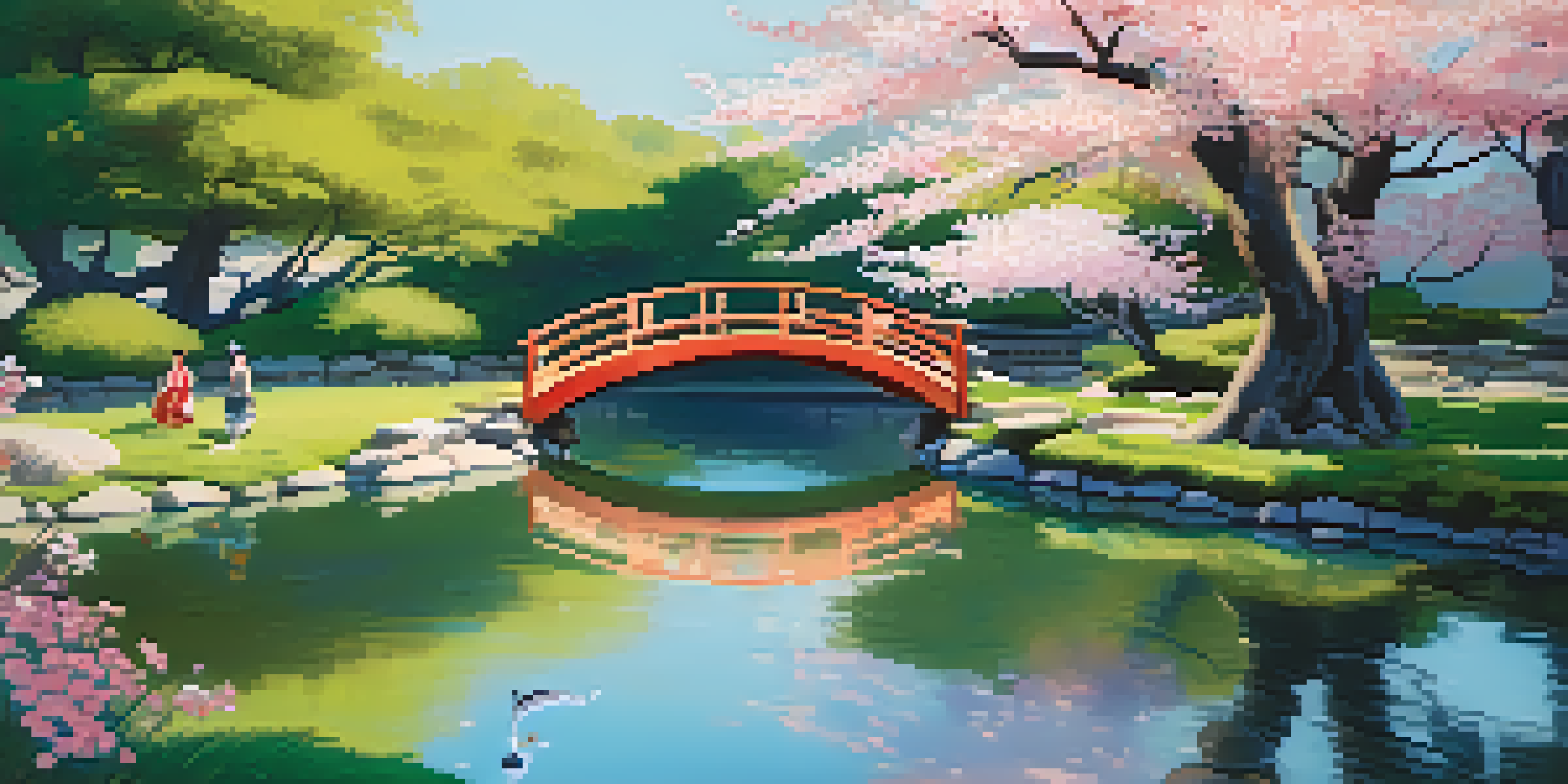 A peaceful Japanese garden with cherry blossoms, a pond, and a wooden bridge, illuminated by soft golden light.