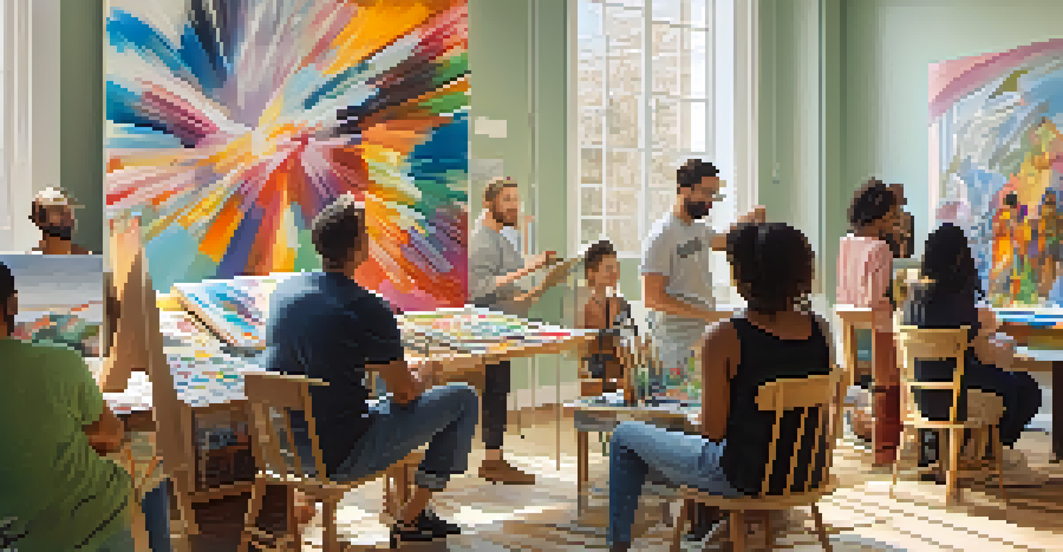 A group of diverse individuals painting together in a bright room, showcasing different canvases and styles, promoting a sense of community.
