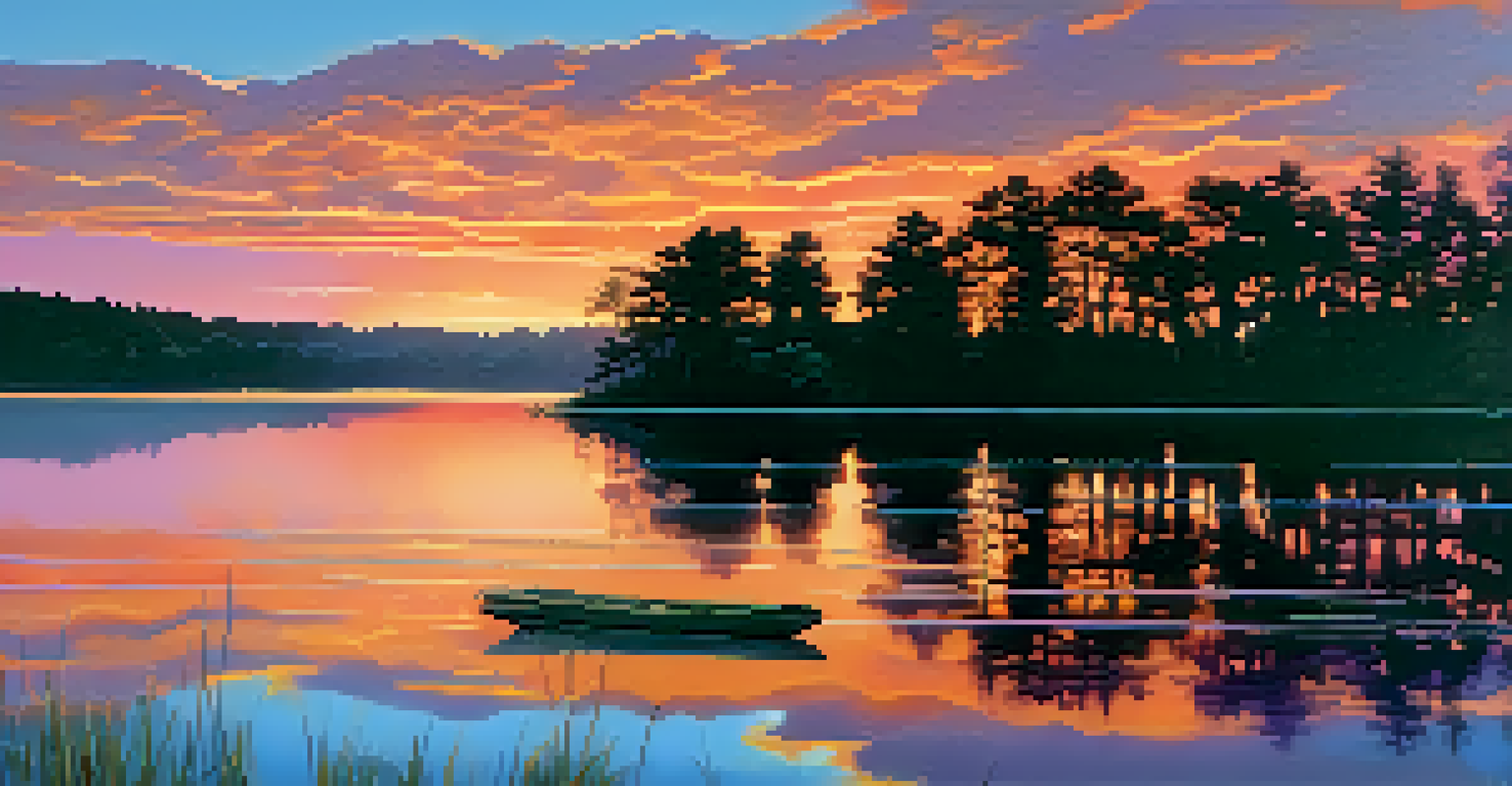 A colorful sunset over a lake, with rich oranges and purples reflected in the water, surrounded by dark silhouettes of trees.