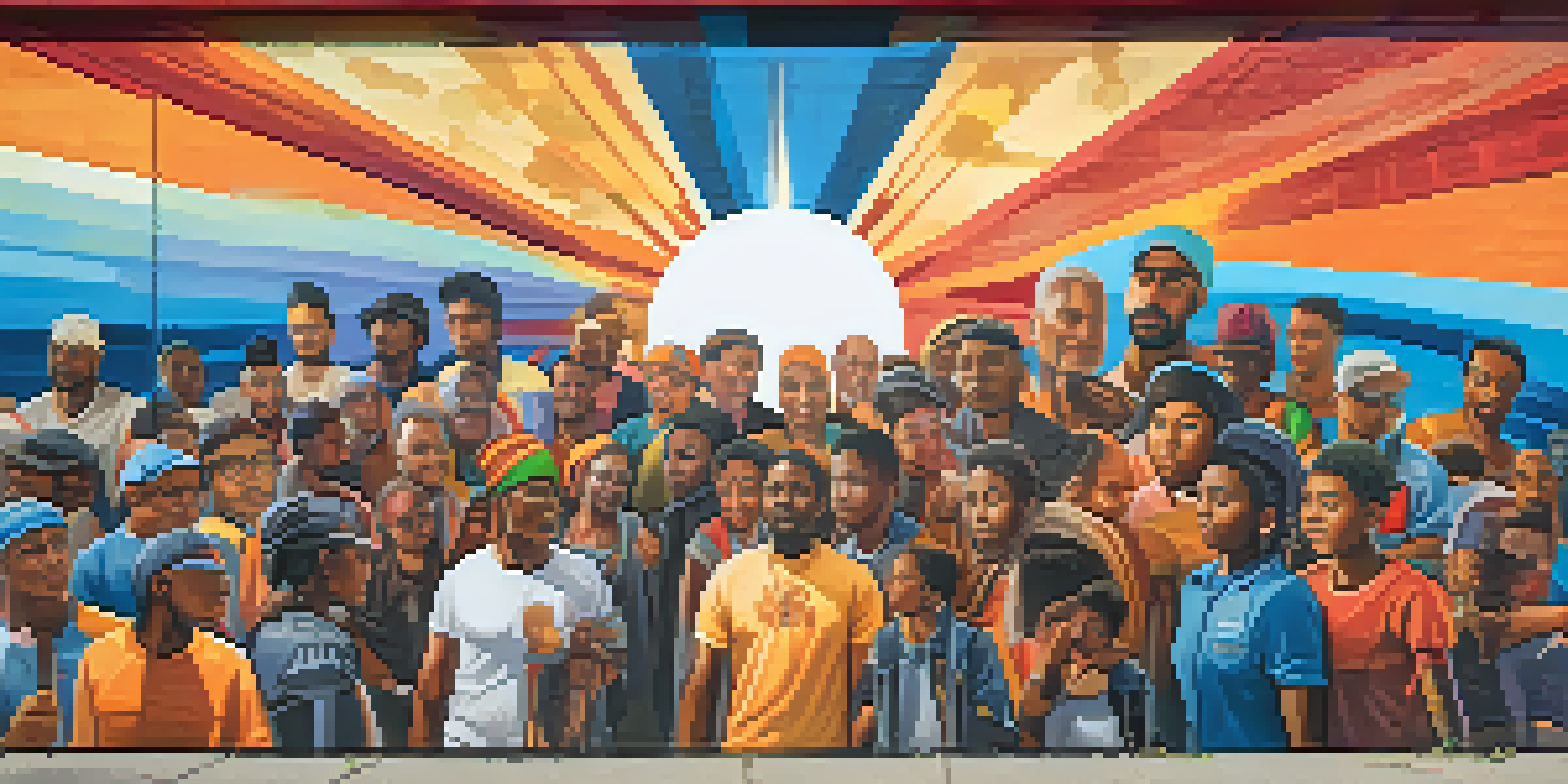 A colorful street mural showing a diverse group of people protesting for social justice, with a sunset in the background.