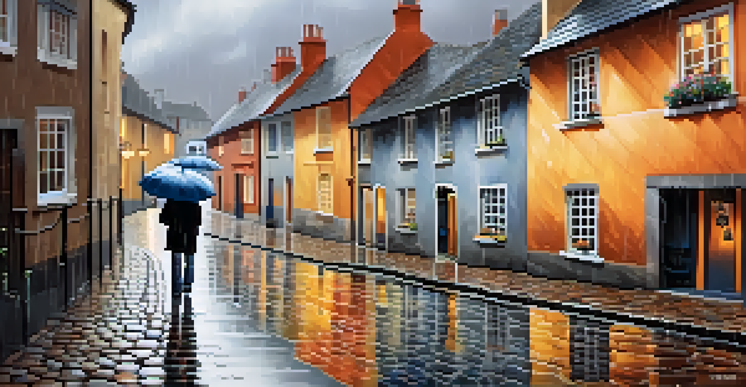 A quaint village on a rainy day with cobblestone streets, warm lights from cottages, and people with colorful umbrellas.