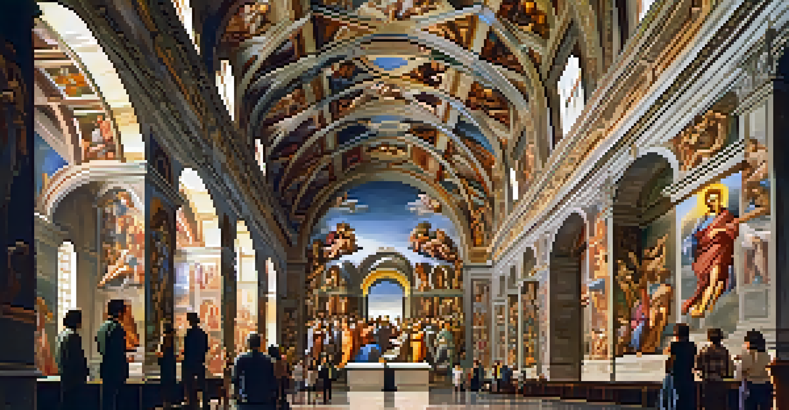 Interior view of the Sistine Chapel showcasing Michelangelo's vibrant frescoes, illuminated by soft overhead lights with visitors admiring the artwork.