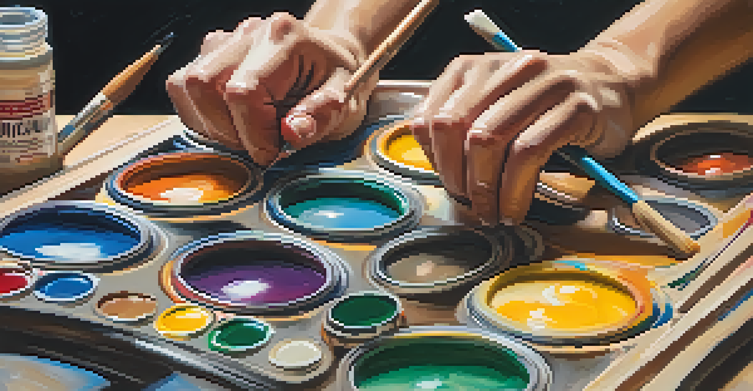 An artist mixing vibrant acrylic paints on a palette with a canvas nearby under warm lighting.