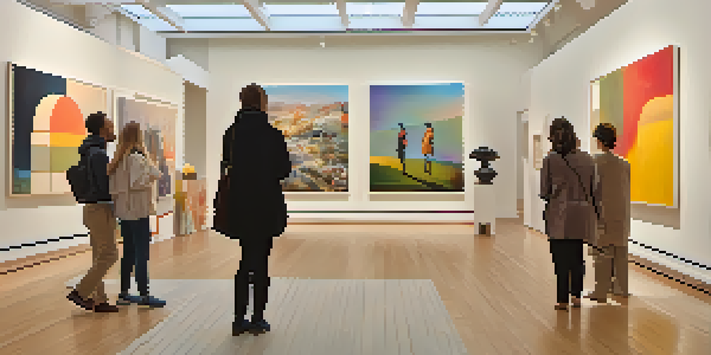 An art gallery filled with various artworks, with visitors interacting and an artist explaining their pieces.