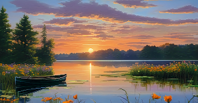 A sunset landscape with a lake, greenery, and a wooden dock with a rowboat, showcasing vibrant colors and long shadows.