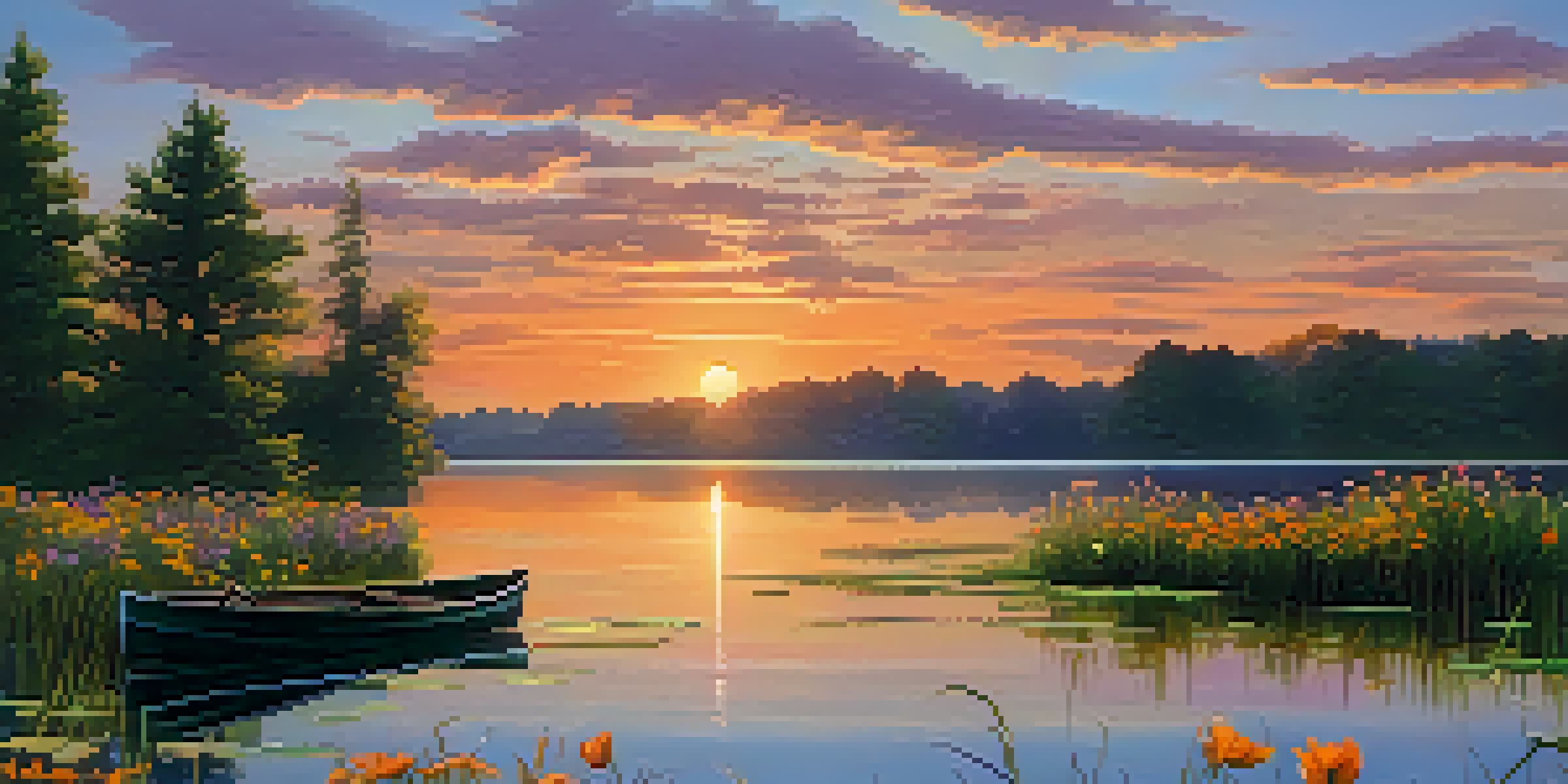 A sunset landscape with a lake, greenery, and a wooden dock with a rowboat, showcasing vibrant colors and long shadows.